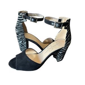 Jessica Simpson Meyvin Black and Silver Block Heel Open Toe Heels